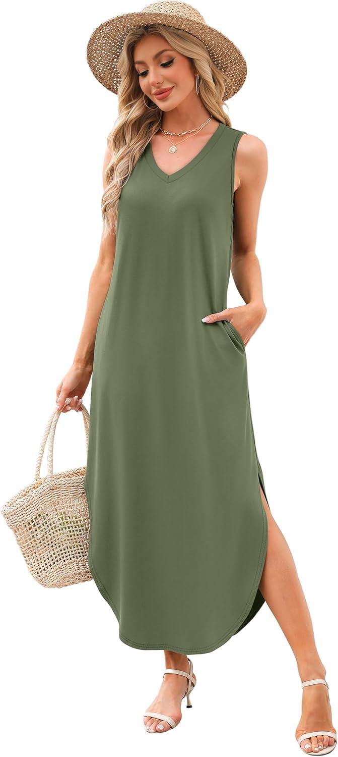 imageSAMPEEL Summer Dresses Maxi Dress Vacation Beach Sundresses 2025 with PocketsArmy Green