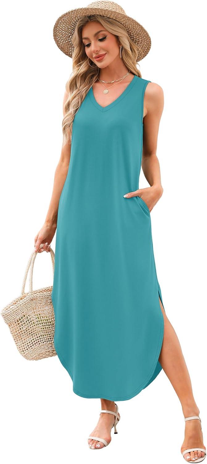 imageSAMPEEL Summer Dresses Maxi Dress Vacation Beach Sundresses 2025 with PocketsBlue