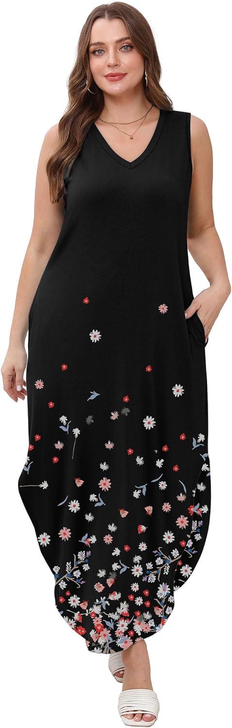 imageSAMPEEL Summer Dresses Maxi Dress Vacation Beach Sundresses 2025 with PocketsFloral Black