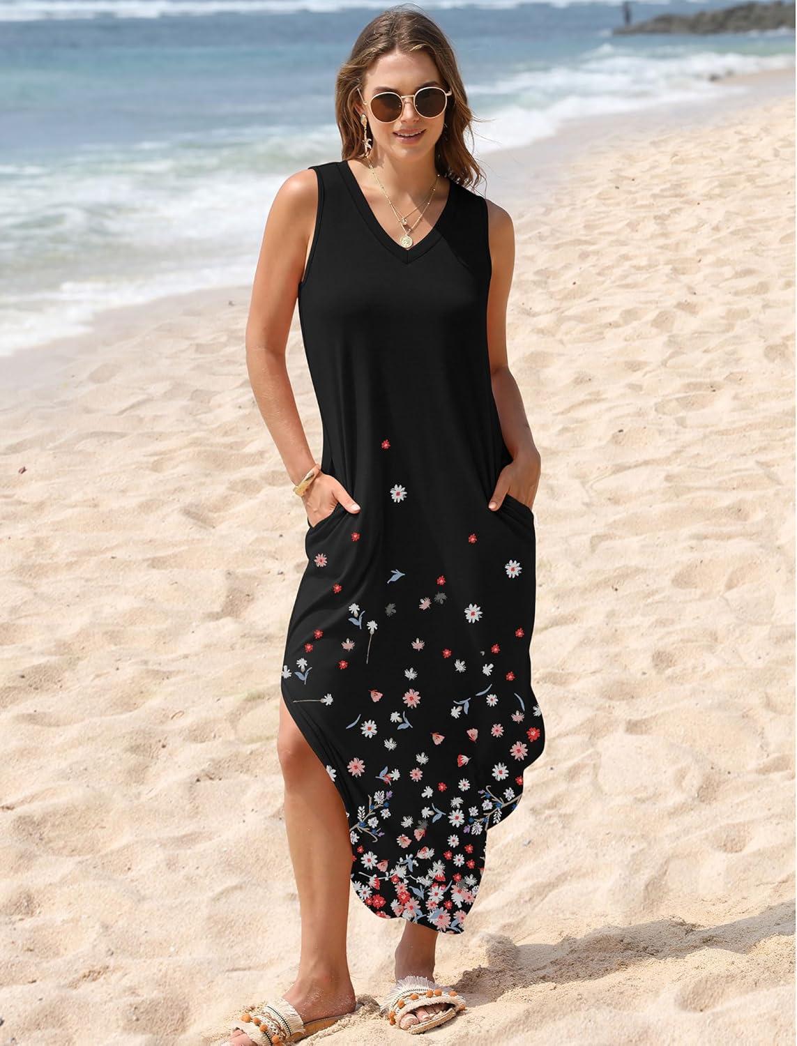 imageSAMPEEL Summer Dresses Maxi Dress Vacation Beach Sundresses 2025 with PocketsFloral Black