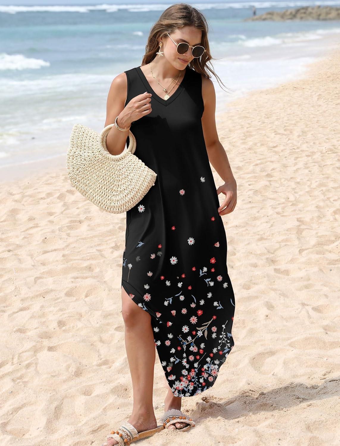imageSAMPEEL Summer Dresses Maxi Dress Vacation Beach Sundresses 2025 with PocketsFloral Black