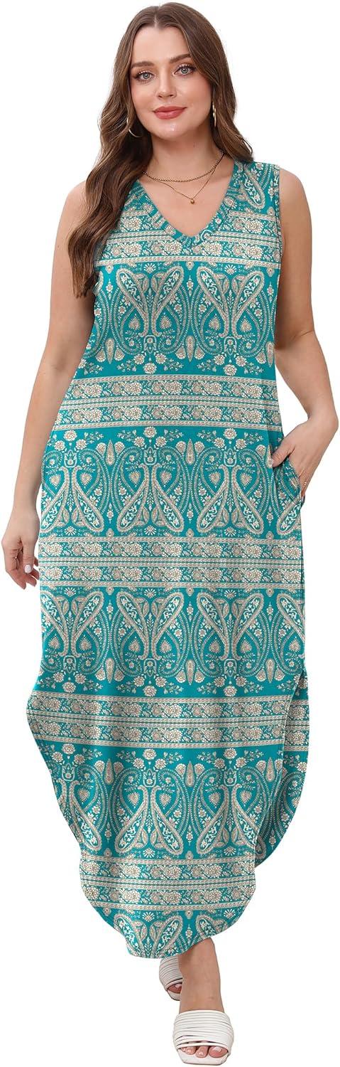 imageSAMPEEL Summer Dresses Maxi Dress Vacation Beach Sundresses 2025 with PocketsFloral Blue