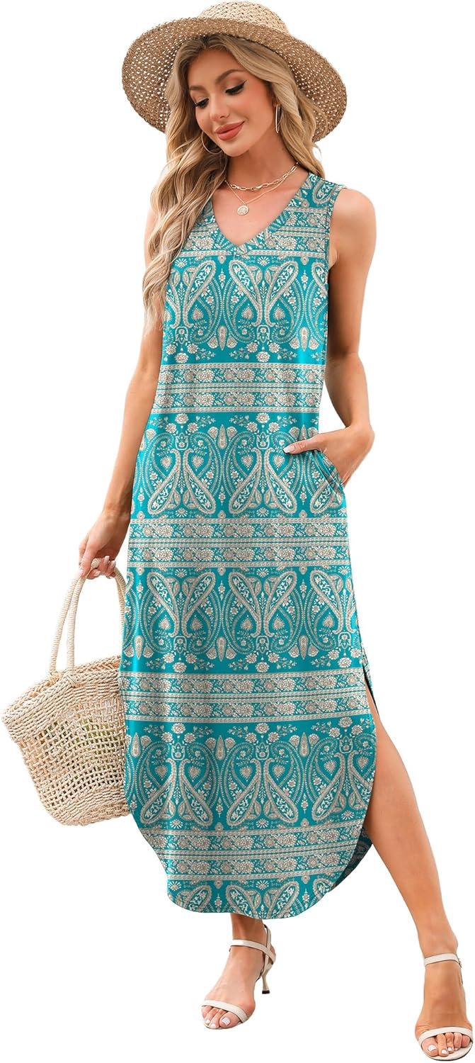 imageSAMPEEL Summer Dresses Maxi Dress Vacation Beach Sundresses 2025 with PocketsFloral Blue