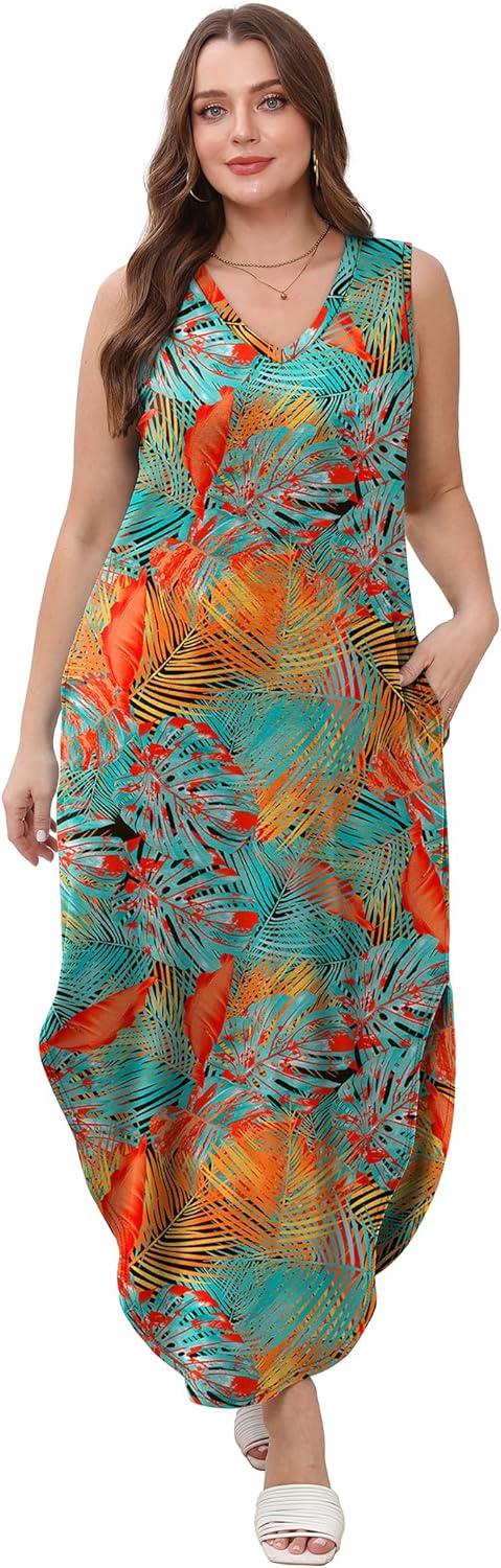 imageSAMPEEL Summer Dresses Maxi Dress Vacation Beach Sundresses 2025 with PocketsFloral Blue Orange
