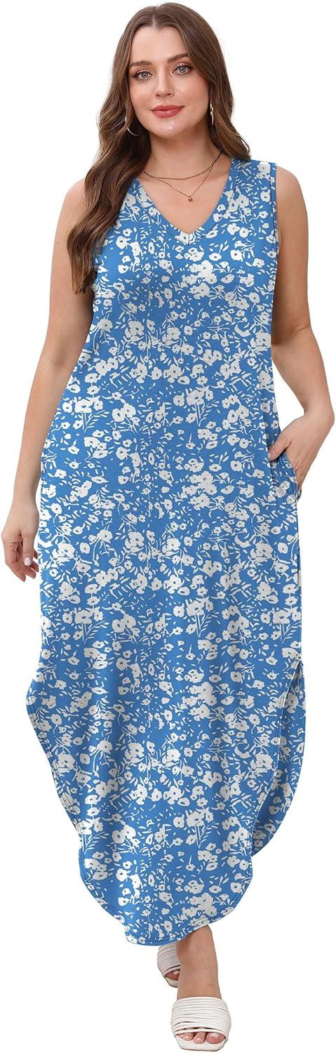 imageSAMPEEL Summer Dresses Maxi Dress Vacation Beach Sundresses 2025 with PocketsFloral Blue White