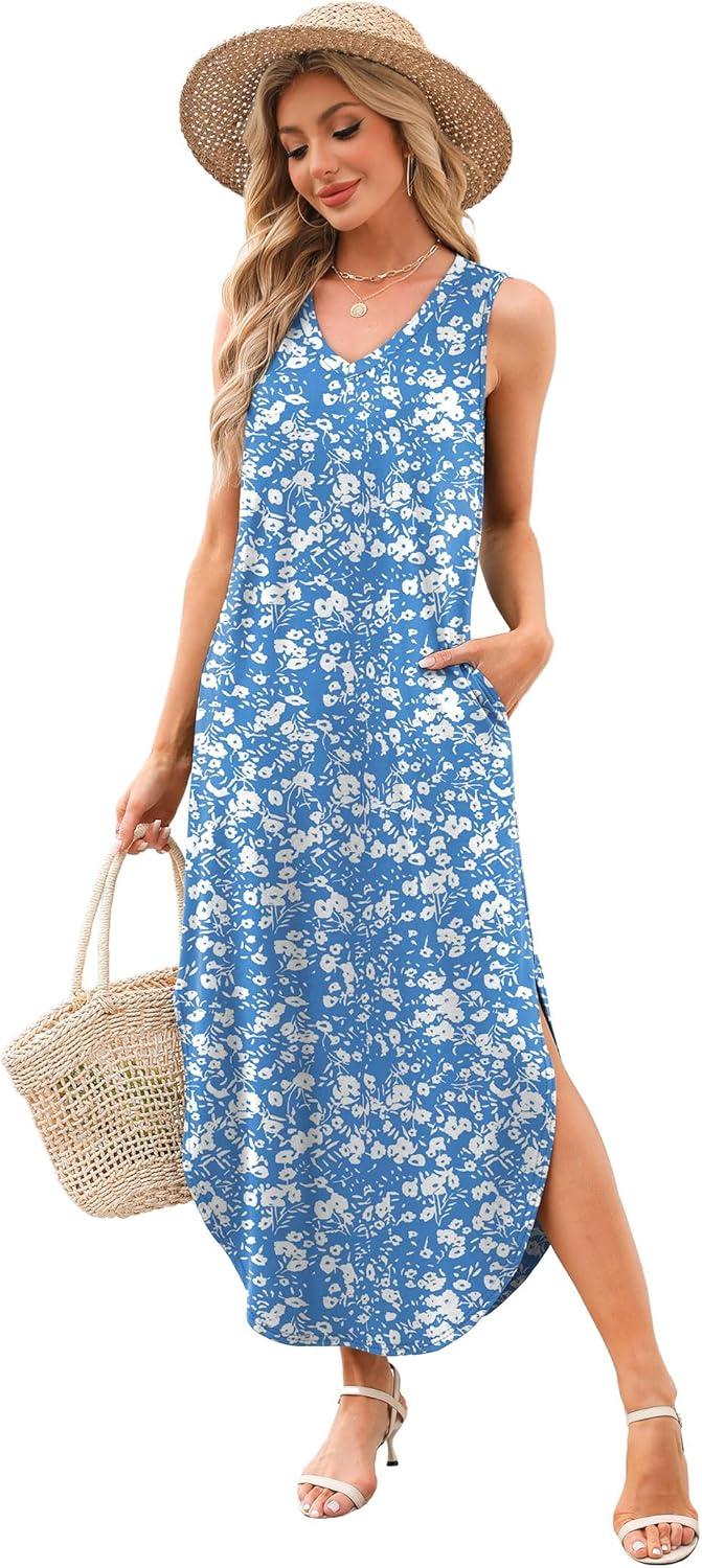imageSAMPEEL Summer Dresses Maxi Dress Vacation Beach Sundresses 2025 with PocketsFloral Blue White