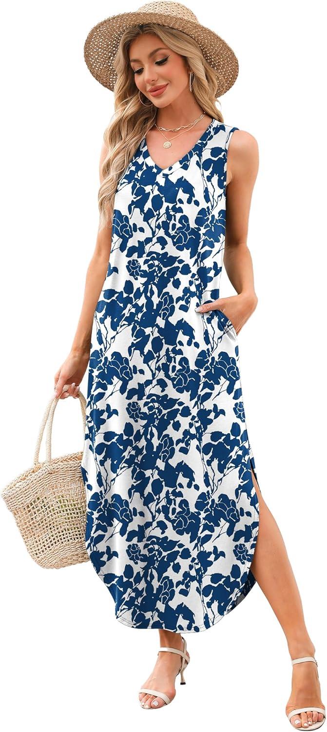 imageSAMPEEL Summer Dresses Maxi Dress Vacation Beach Sundresses 2025 with PocketsFloral Blue and White Porcelain