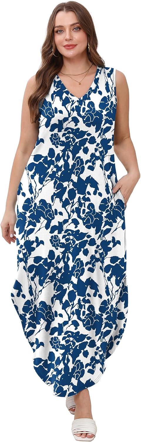 imageSAMPEEL Summer Dresses Maxi Dress Vacation Beach Sundresses 2025 with PocketsFloral Blue and White Porcelain