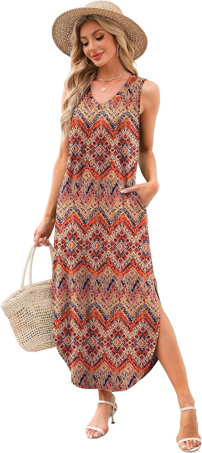 imageSAMPEEL Summer Dresses Maxi Dress Vacation Beach Sundresses 2025 with PocketsFloral Bohemian