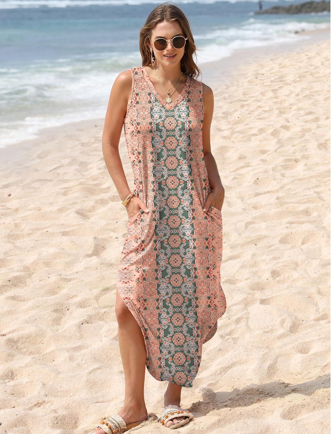 imageSAMPEEL Summer Dresses Maxi Dress Vacation Beach Sundresses 2025 with PocketsFloral Boho Ethnic Style
