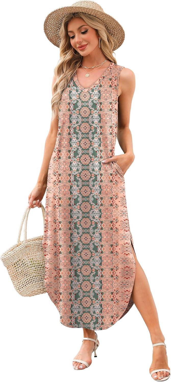 imageSAMPEEL Summer Dresses Maxi Dress Vacation Beach Sundresses 2025 with PocketsFloral Boho Ethnic Style