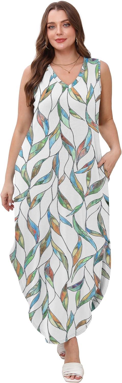 imageSAMPEEL Summer Dresses Maxi Dress Vacation Beach Sundresses 2025 with PocketsFloral Green Leaf