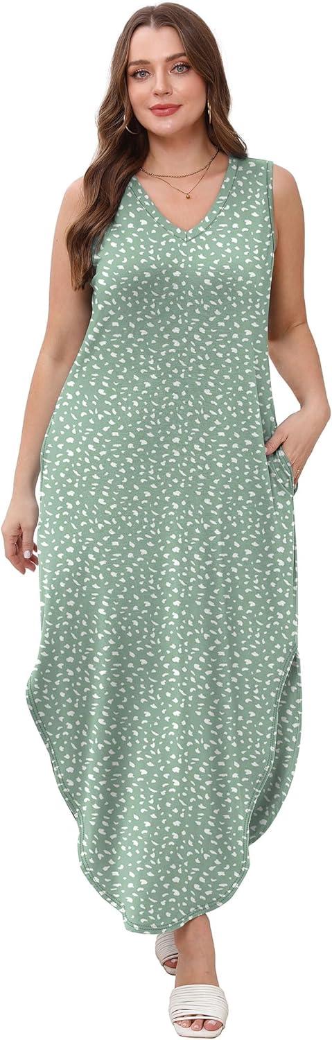 imageSAMPEEL Summer Dresses Maxi Dress Vacation Beach Sundresses 2025 with PocketsFloral Green Wave Point