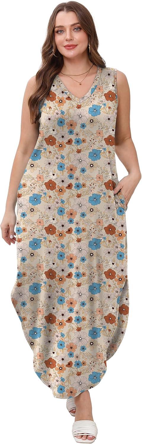 imageSAMPEEL Summer Dresses Maxi Dress Vacation Beach Sundresses 2025 with PocketsFloral Khaki Pink Blue Flowers