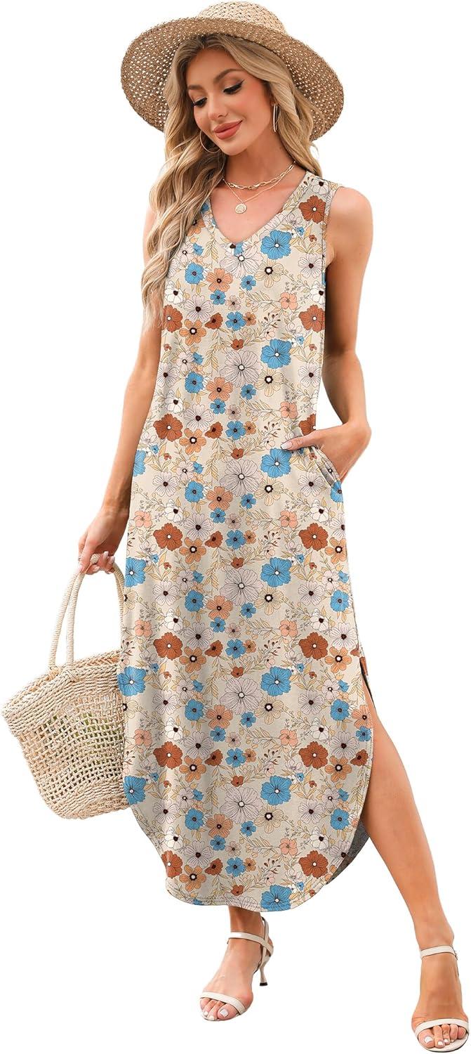 imageSAMPEEL Summer Dresses Maxi Dress Vacation Beach Sundresses 2025 with PocketsFloral Khaki Pink Blue Flowers