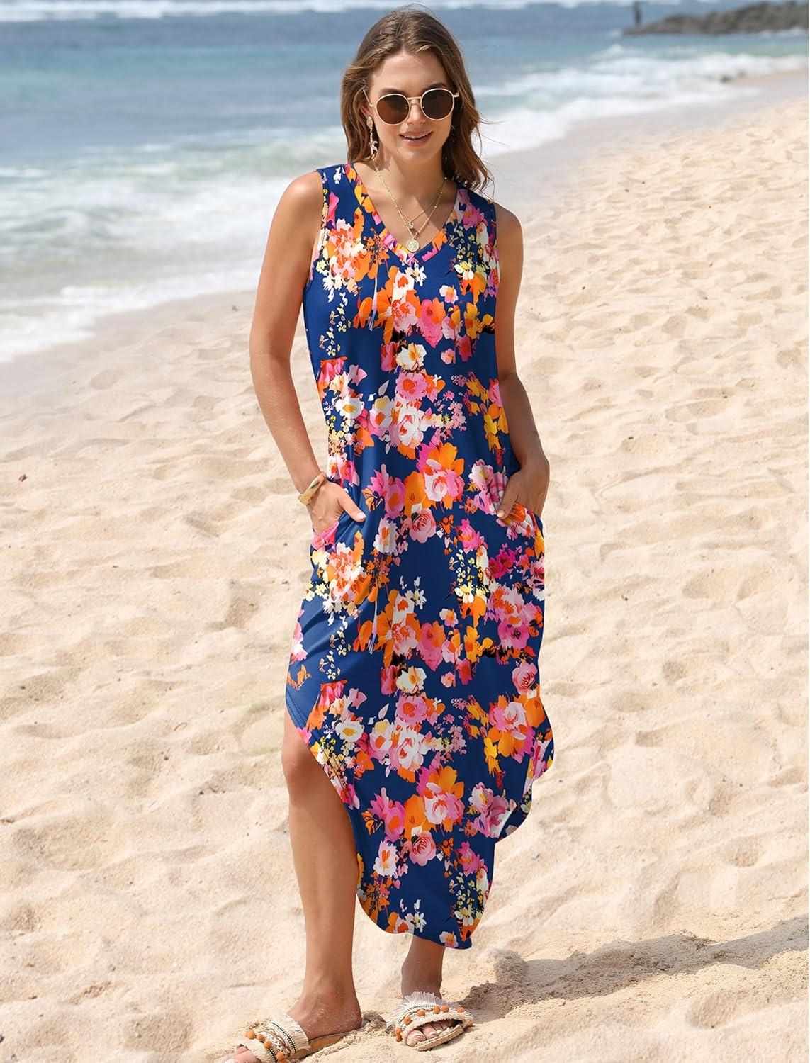 imageSAMPEEL Summer Dresses Maxi Dress Vacation Beach Sundresses 2025 with PocketsFloral Navy Blue