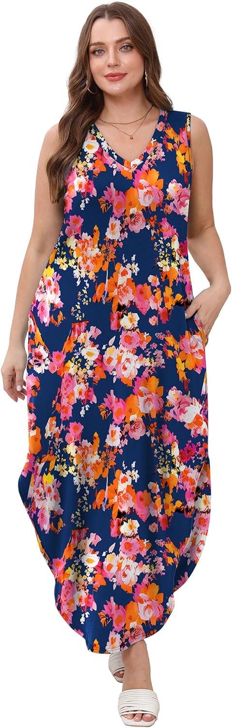 imageSAMPEEL Summer Dresses Maxi Dress Vacation Beach Sundresses 2025 with PocketsFloral Navy Blue