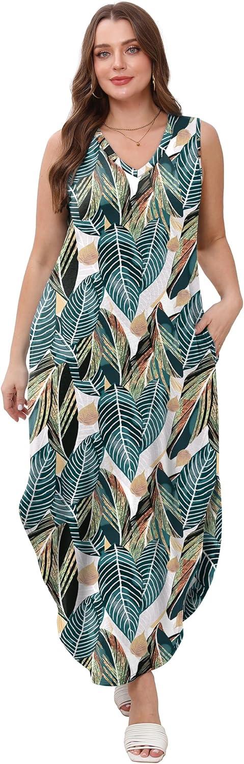 imageSAMPEEL Summer Dresses Maxi Dress Vacation Beach Sundresses 2025 with PocketsFloral Palm Leaf