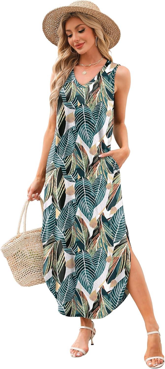 imageSAMPEEL Summer Dresses Maxi Dress Vacation Beach Sundresses 2025 with PocketsFloral Palm Leaf