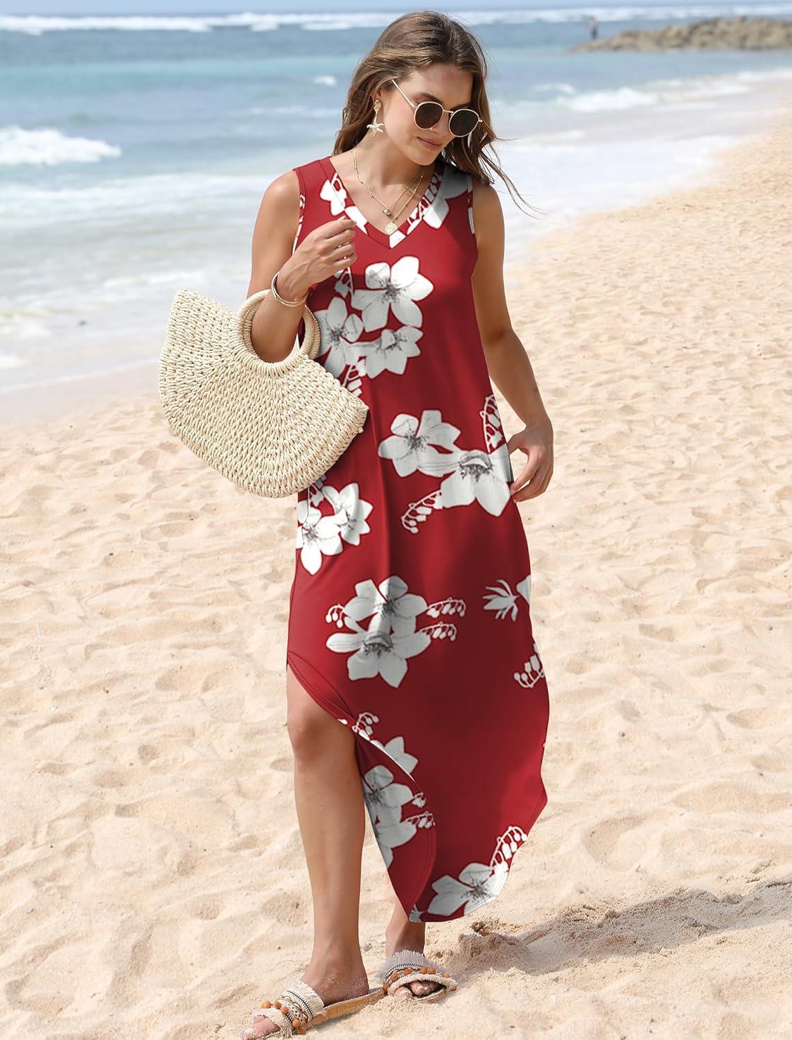 imageSAMPEEL Summer Dresses Maxi Dress Vacation Beach Sundresses 2025 with PocketsFloral Red Flowers