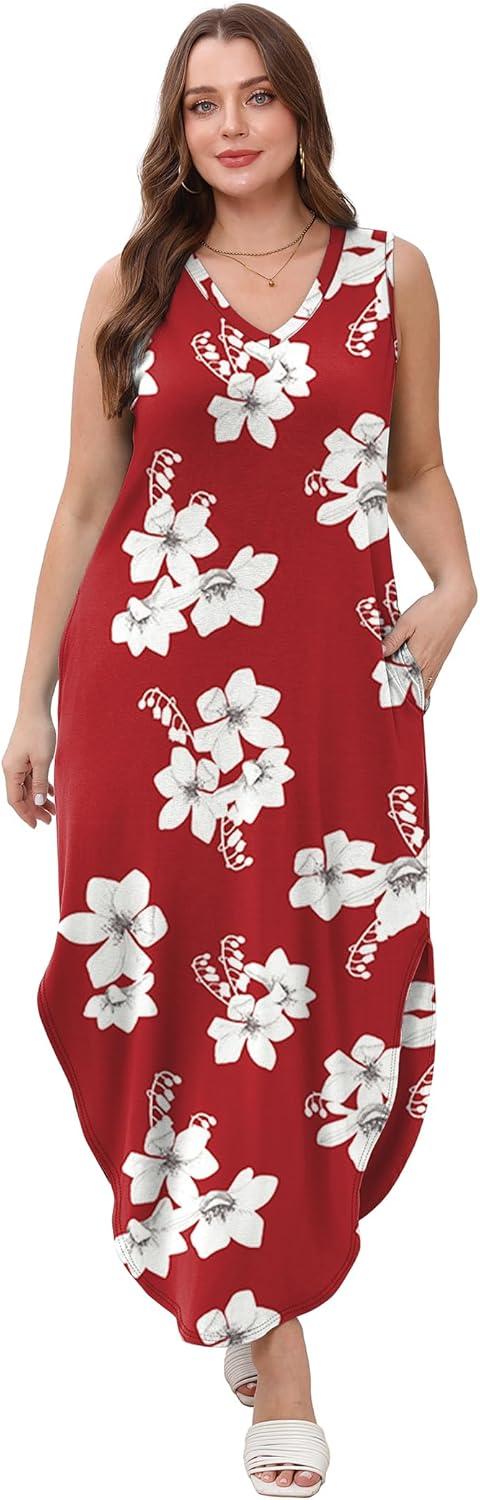 imageSAMPEEL Summer Dresses Maxi Dress Vacation Beach Sundresses 2025 with PocketsFloral Red Flowers