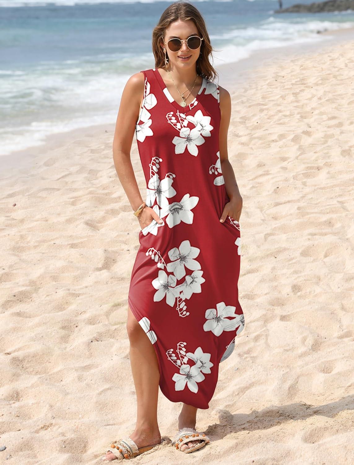 imageSAMPEEL Summer Dresses Maxi Dress Vacation Beach Sundresses 2025 with PocketsFloral Red Flowers