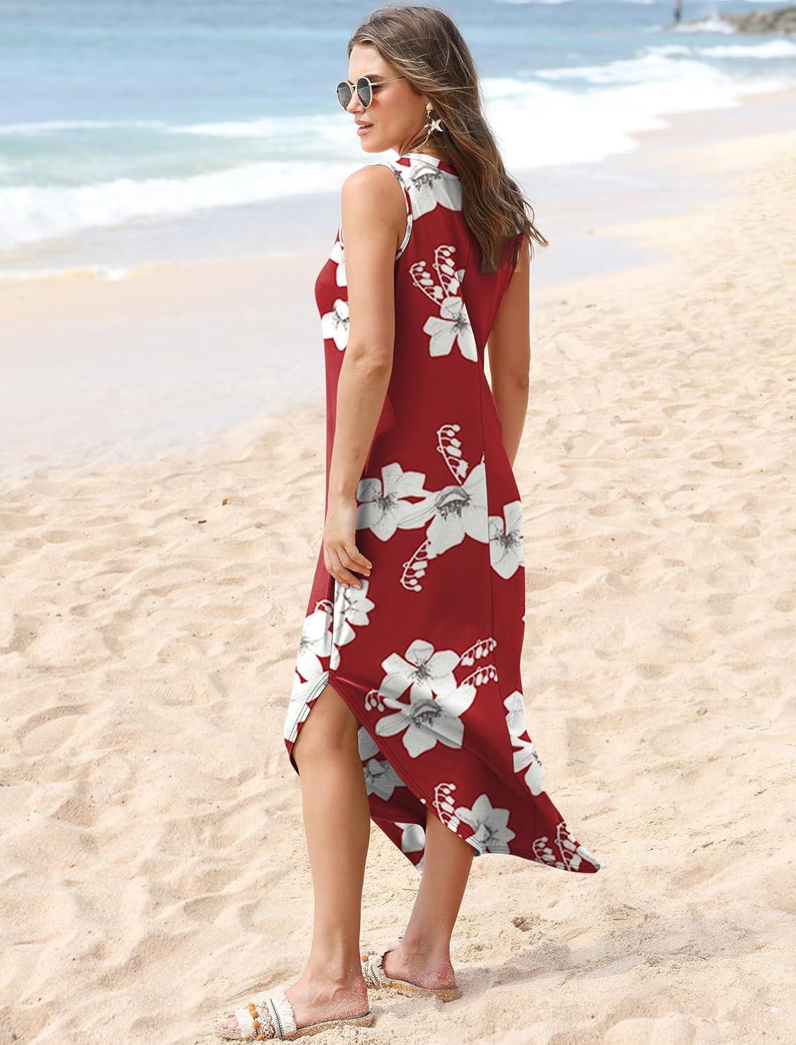 imageSAMPEEL Summer Dresses Maxi Dress Vacation Beach Sundresses 2025 with PocketsFloral Red Flowers