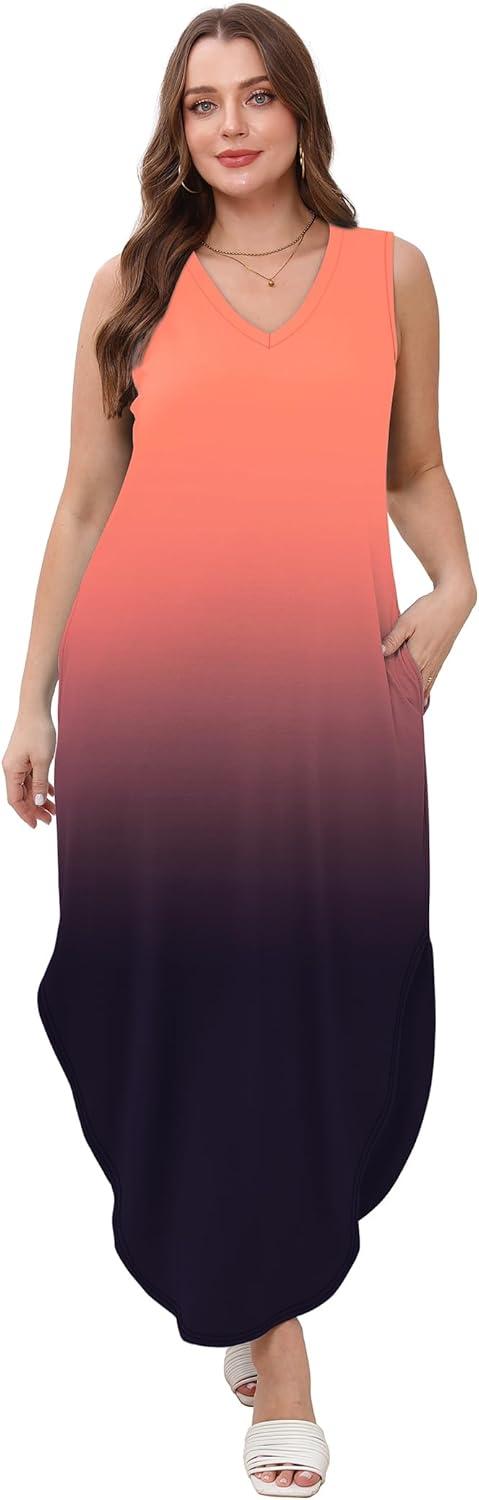 imageSAMPEEL Summer Dresses Maxi Dress Vacation Beach Sundresses 2025 with PocketsGraded Pink Orange