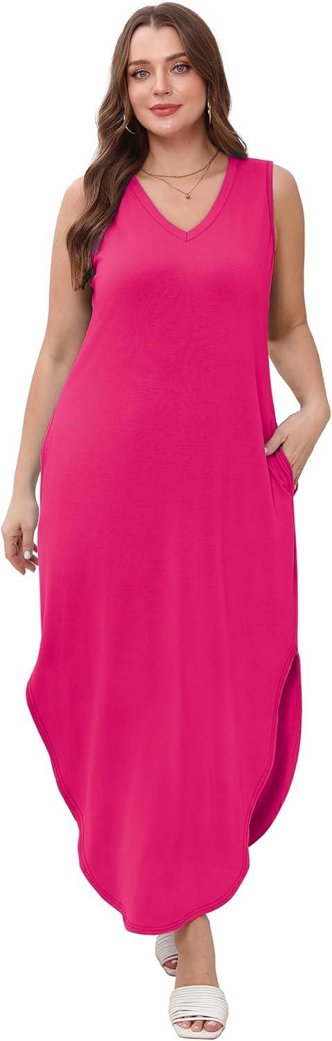 imageSAMPEEL Summer Dresses Maxi Dress Vacation Beach Sundresses 2025 with PocketsHot Pink