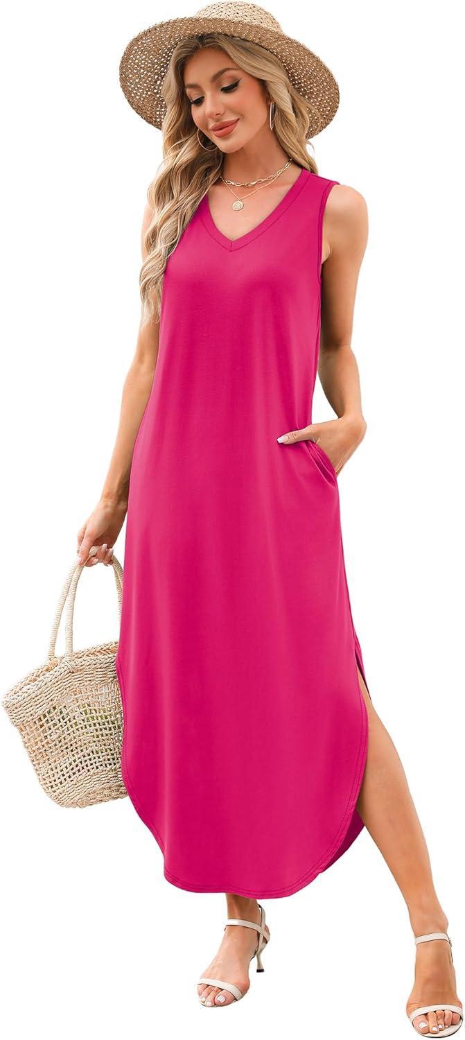 imageSAMPEEL Summer Dresses Maxi Dress Vacation Beach Sundresses 2025 with PocketsHot Pink