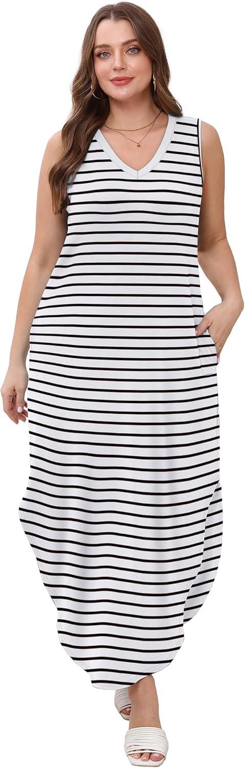 imageSAMPEEL Summer Dresses Maxi Dress Vacation Beach Sundresses 2025 with PocketsStriped Black and White