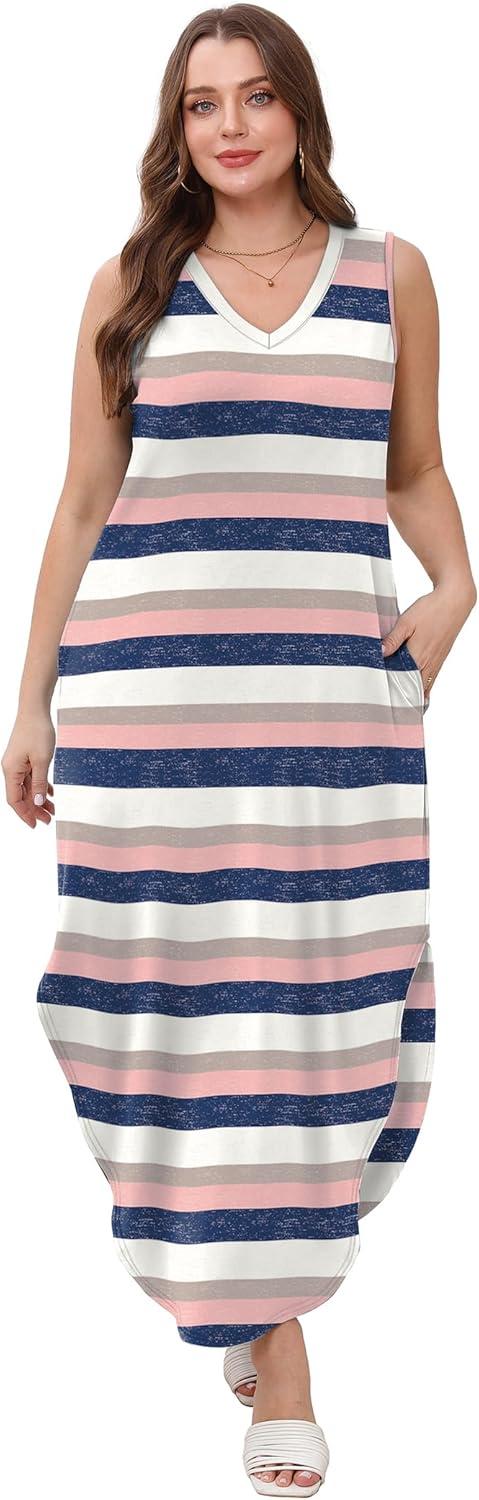 imageSAMPEEL Summer Dresses Maxi Dress Vacation Beach Sundresses 2025 with PocketsStriped Pink and Blue