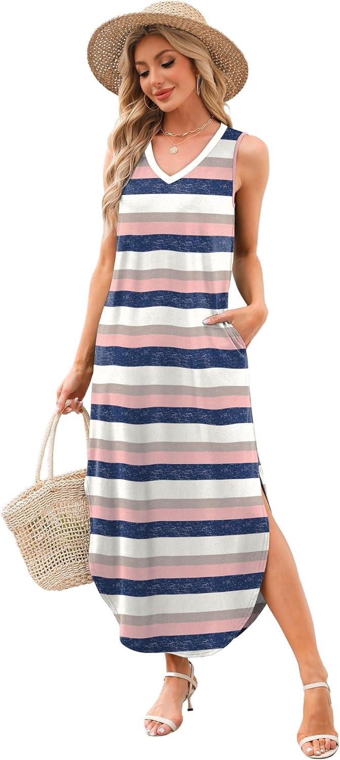 imageSAMPEEL Summer Dresses Maxi Dress Vacation Beach Sundresses 2025 with PocketsStriped Pink and Blue