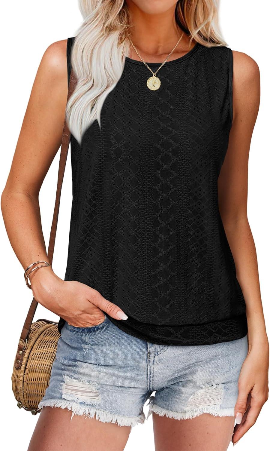 imageSAMPEEL Summer Tank Tops for Women Loose Fit Casual Round Neck Sleeveless Eyelet Tanks Trendy Vocation Outfits 2025Black