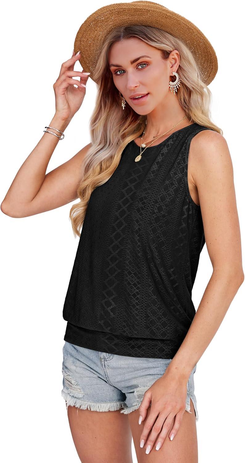imageSAMPEEL Summer Tank Tops for Women Loose Fit Casual Round Neck Sleeveless Eyelet Tanks Trendy Vocation Outfits 2025Black