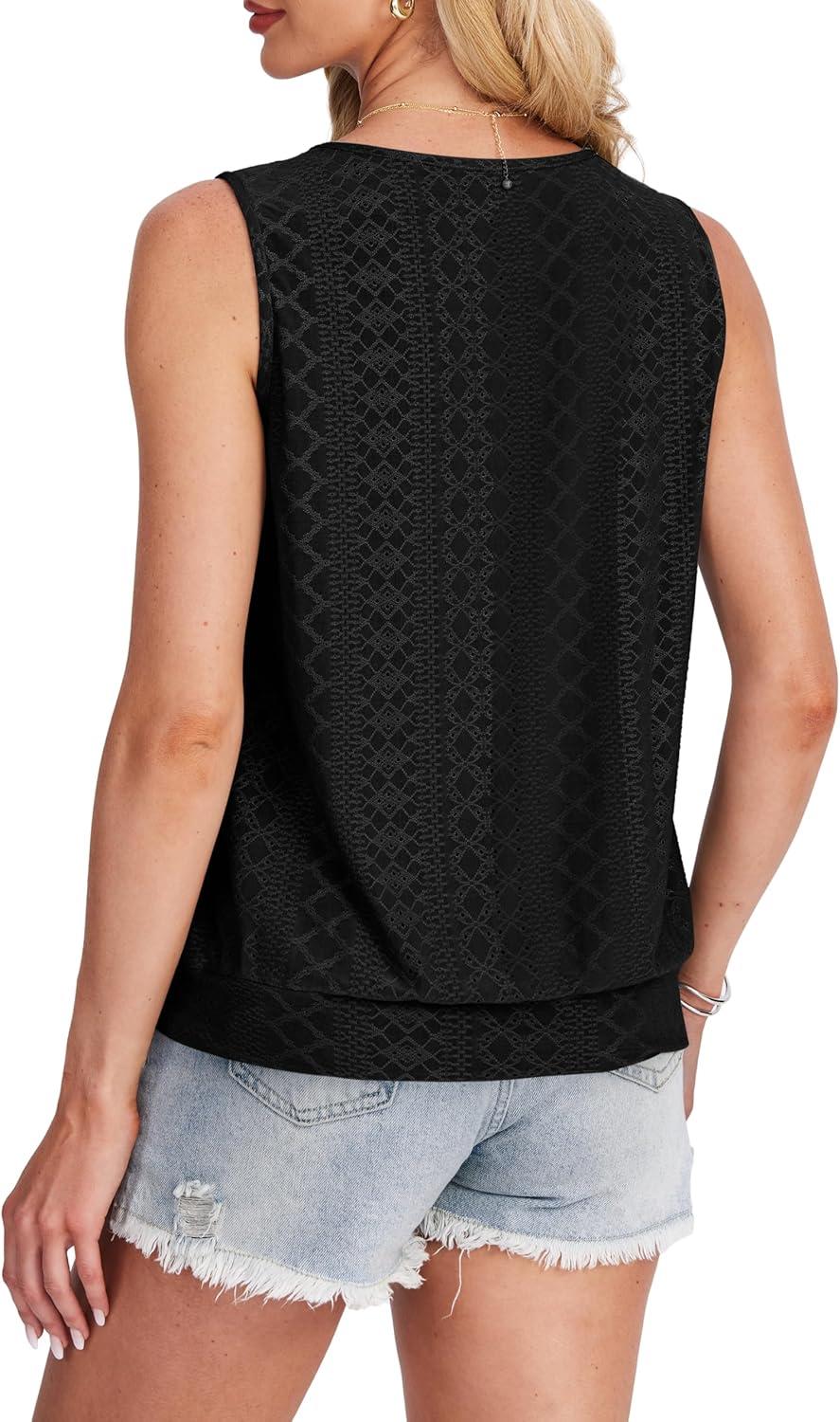 imageSAMPEEL Summer Tank Tops for Women Loose Fit Casual Round Neck Sleeveless Eyelet Tanks Trendy Vocation Outfits 2025Black