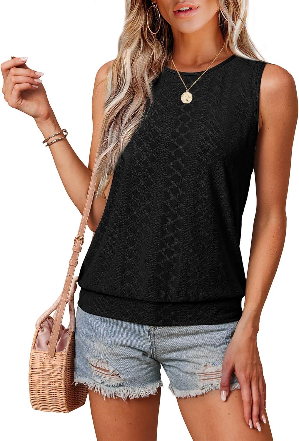 imageSAMPEEL Summer Tank Tops for Women Loose Fit Casual Round Neck Sleeveless Eyelet Tanks Trendy Vocation Outfits 2025Black