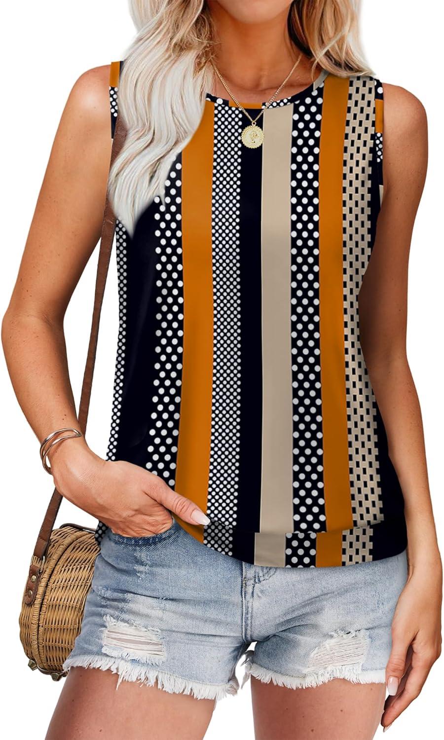 imageSAMPEEL Summer Tank Tops for Women Loose Fit Casual Round Neck Sleeveless Eyelet Tanks Trendy Vocation Outfits 2025Black Stripe