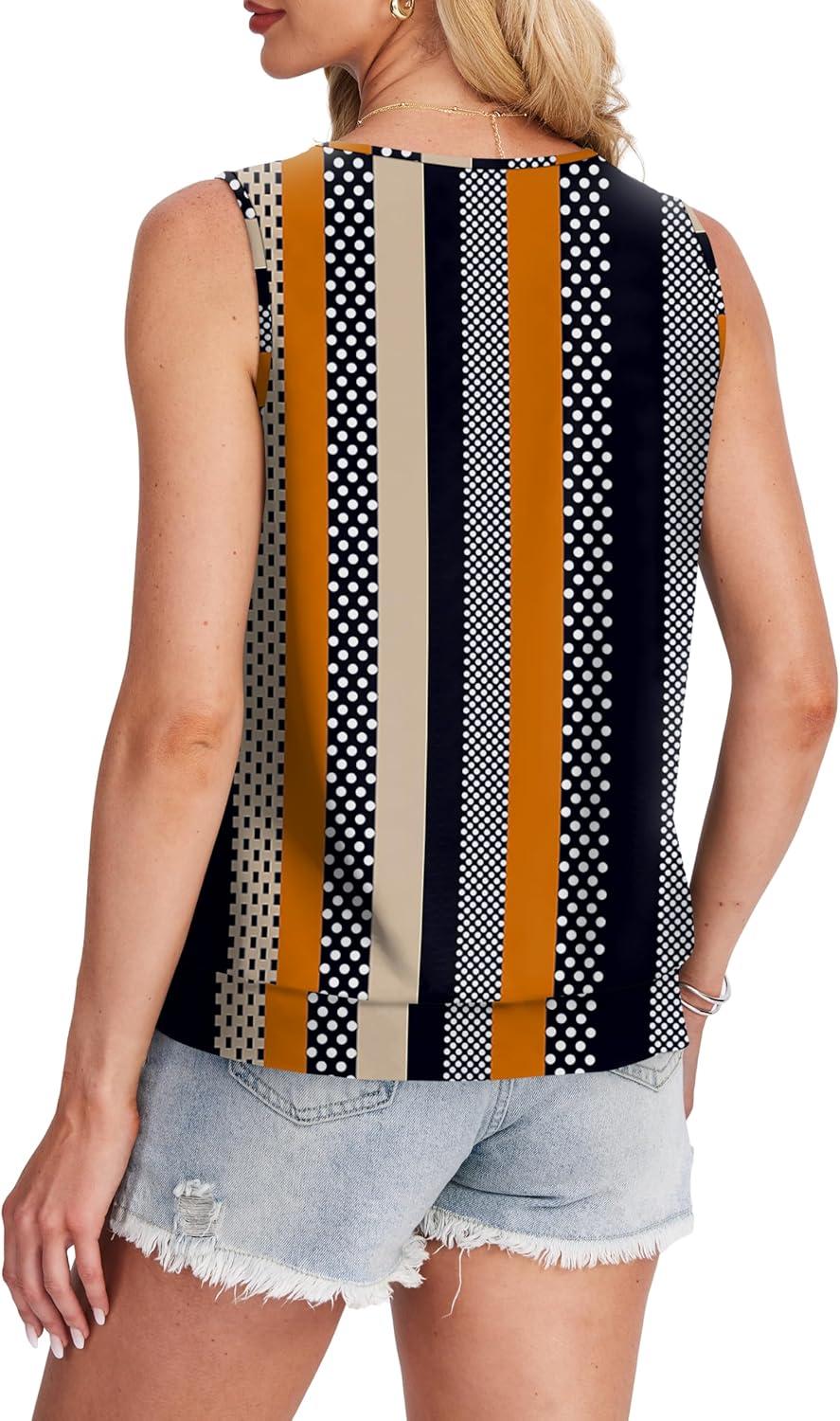 imageSAMPEEL Summer Tank Tops for Women Loose Fit Casual Round Neck Sleeveless Eyelet Tanks Trendy Vocation Outfits 2025Black Stripe