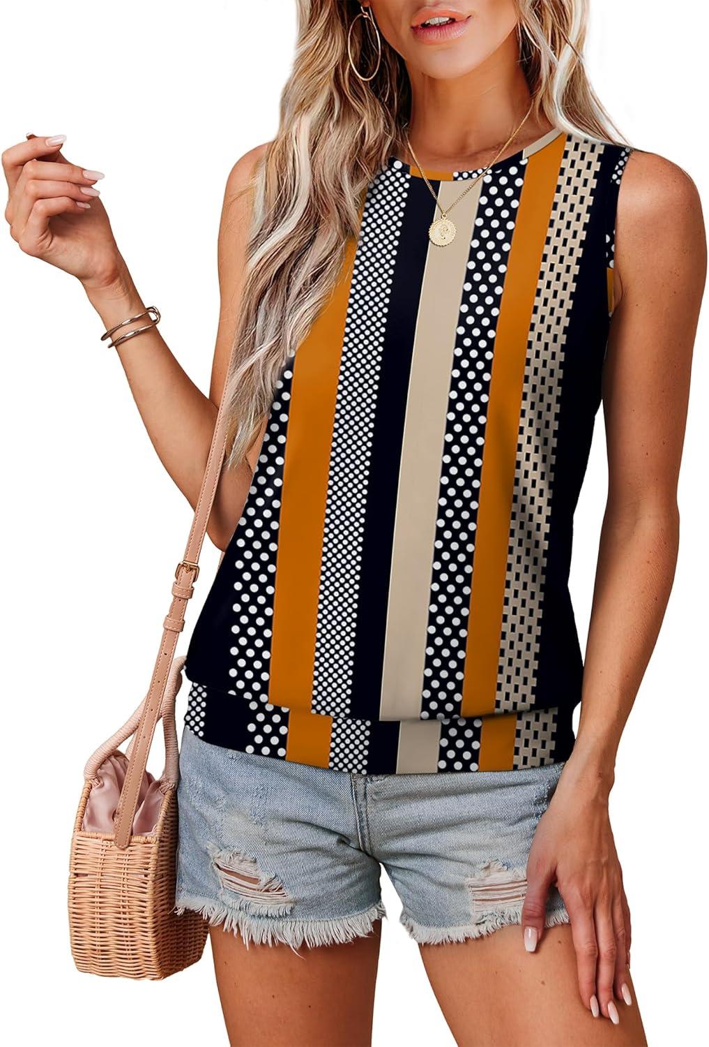 imageSAMPEEL Summer Tank Tops for Women Loose Fit Casual Round Neck Sleeveless Eyelet Tanks Trendy Vocation Outfits 2025Black Stripe