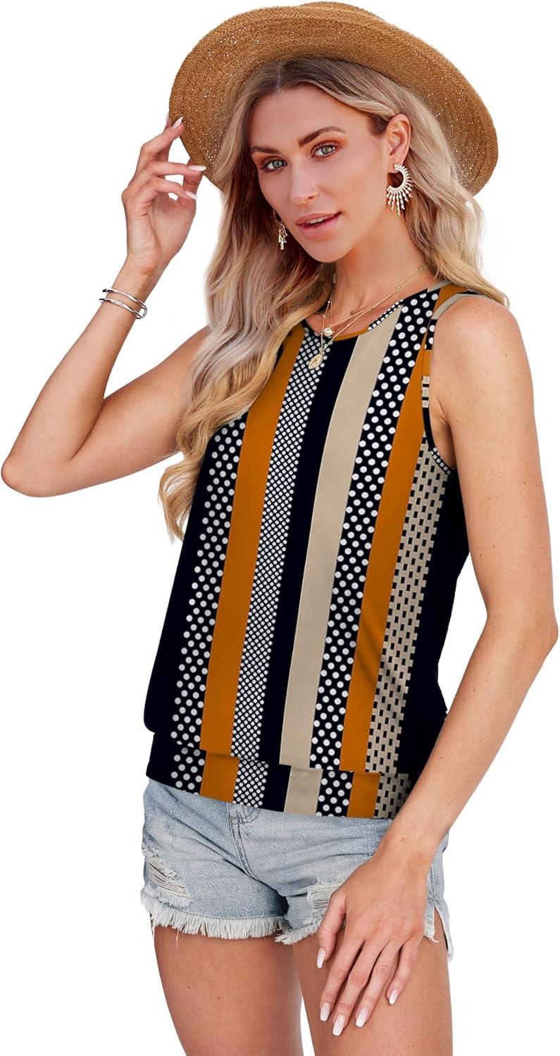 imageSAMPEEL Summer Tank Tops for Women Loose Fit Casual Round Neck Sleeveless Eyelet Tanks Trendy Vocation Outfits 2025Black Stripe