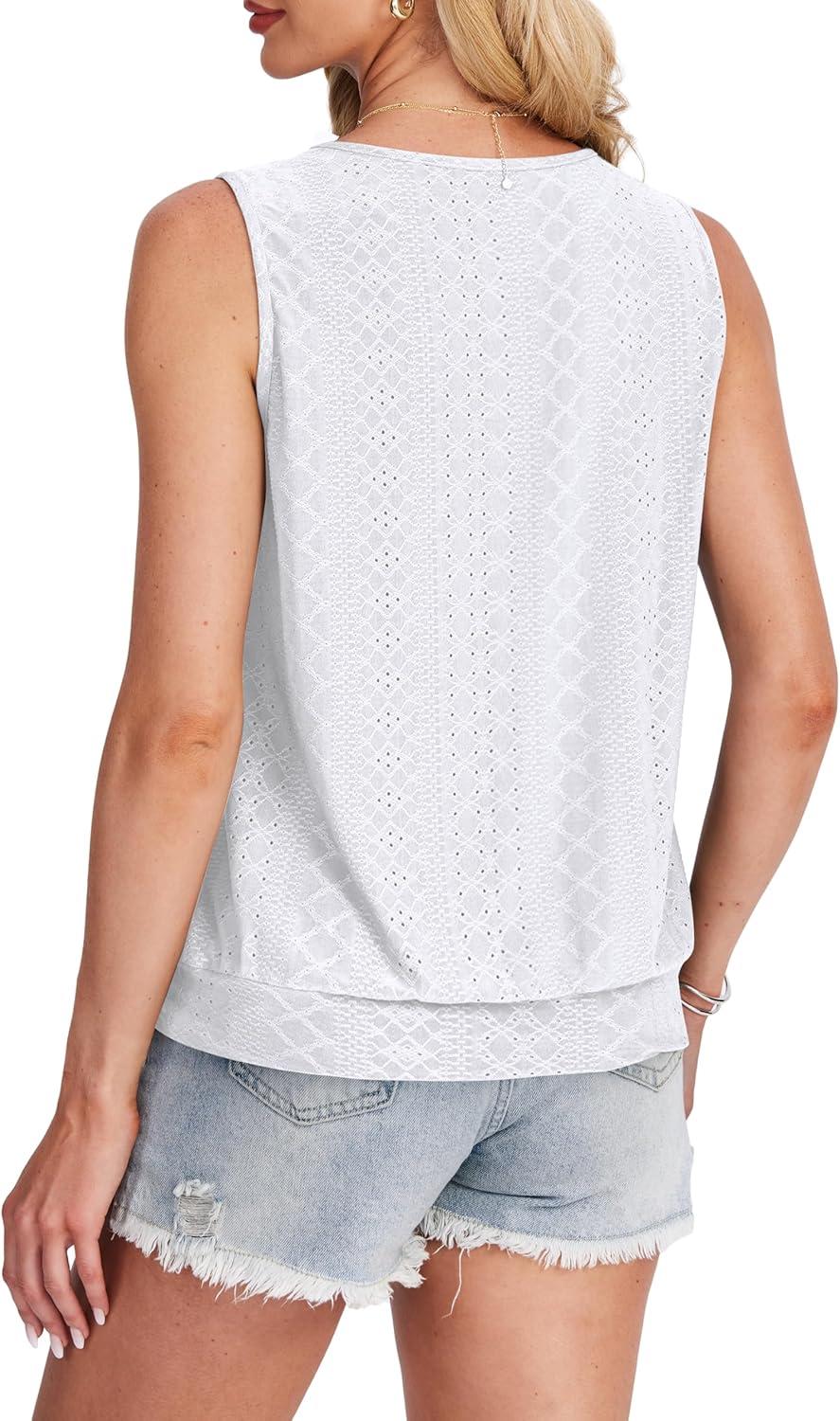 imageSAMPEEL Summer Tank Tops for Women Loose Fit Casual Round Neck Sleeveless Eyelet Tanks Trendy Vocation Outfits 2025Classic White