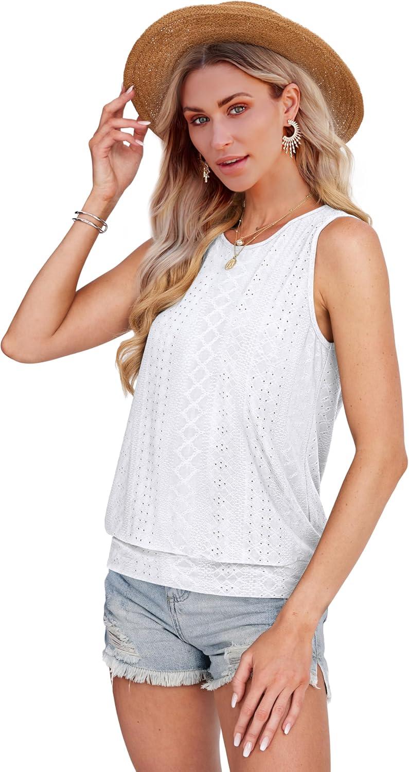 imageSAMPEEL Summer Tank Tops for Women Loose Fit Casual Round Neck Sleeveless Eyelet Tanks Trendy Vocation Outfits 2025Classic White