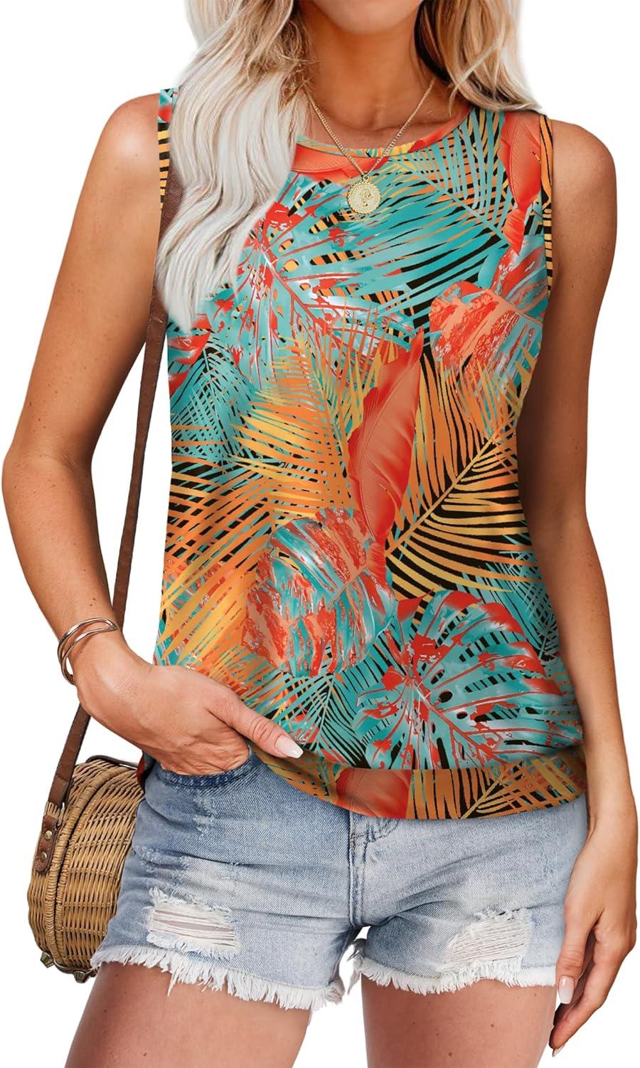 imageSAMPEEL Summer Tank Tops for Women Loose Fit Casual Round Neck Sleeveless Eyelet Tanks Trendy Vocation Outfits 2025Floral Blue