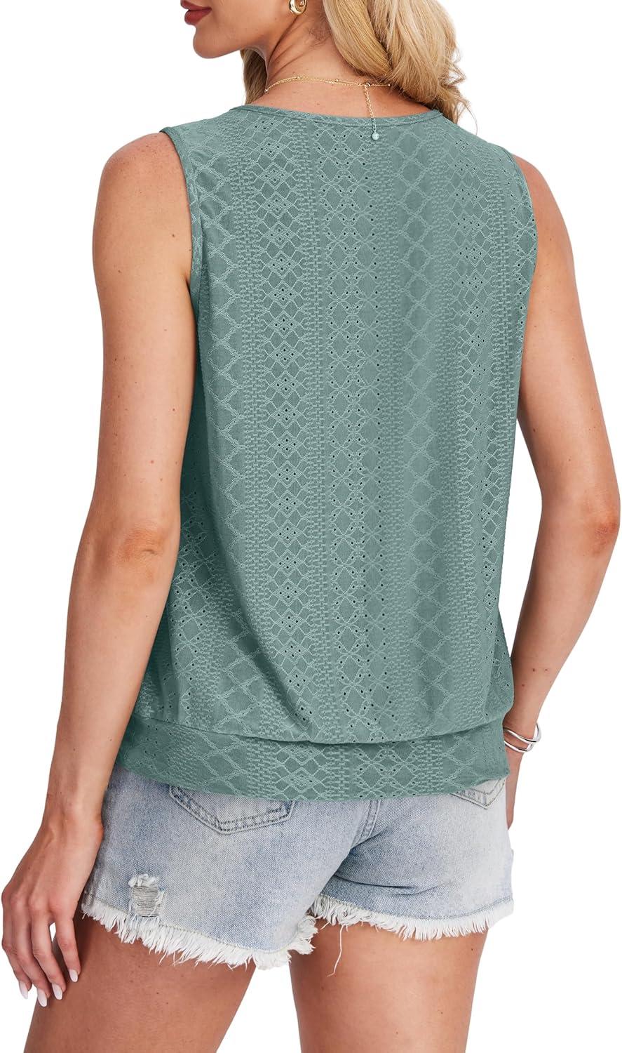 imageSAMPEEL Summer Tank Tops for Women Loose Fit Casual Round Neck Sleeveless Eyelet Tanks Trendy Vocation Outfits 2025Green
