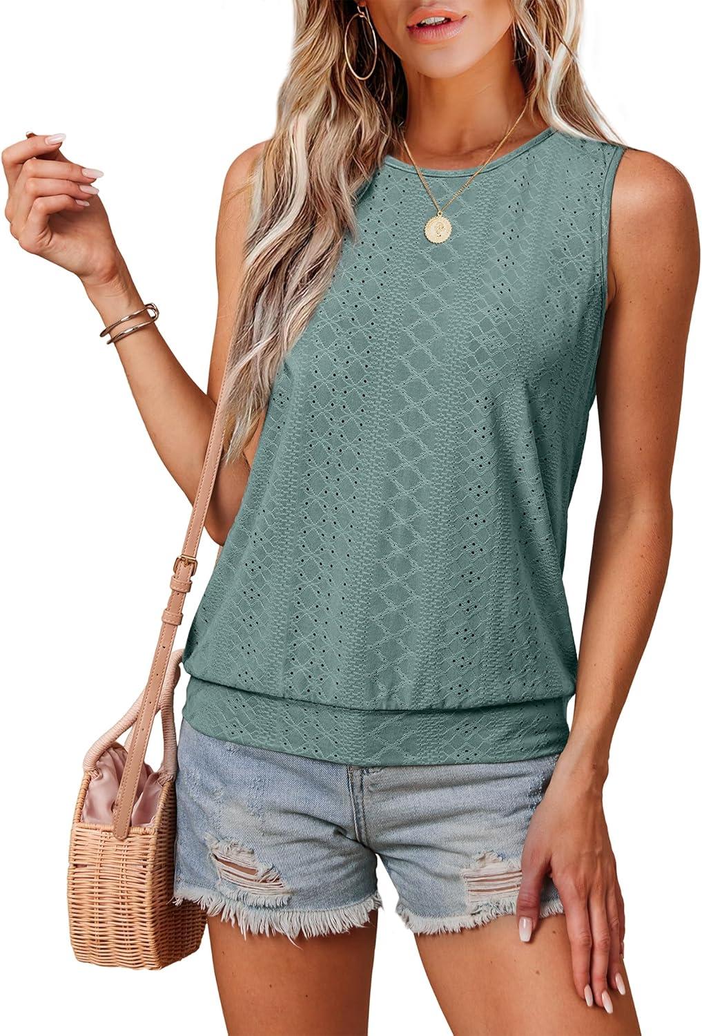 imageSAMPEEL Summer Tank Tops for Women Loose Fit Casual Round Neck Sleeveless Eyelet Tanks Trendy Vocation Outfits 2025Green