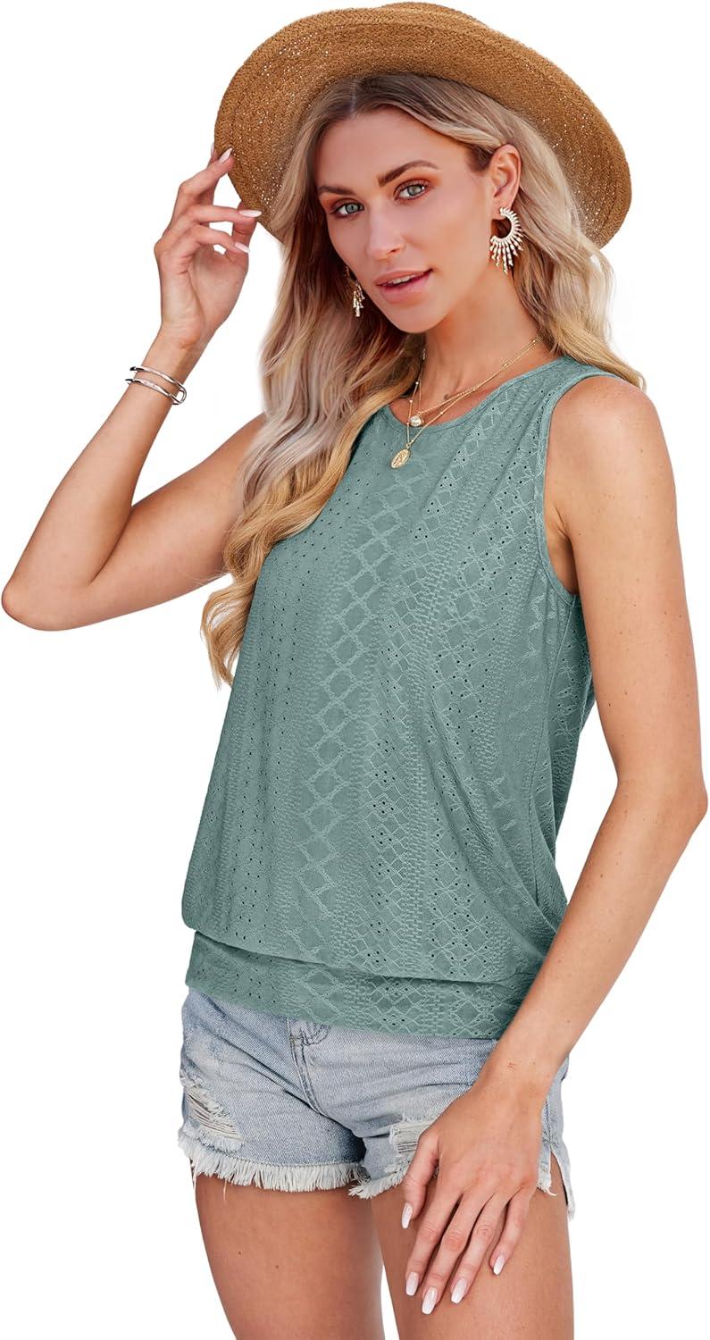 imageSAMPEEL Summer Tank Tops for Women Loose Fit Casual Round Neck Sleeveless Eyelet Tanks Trendy Vocation Outfits 2025Green