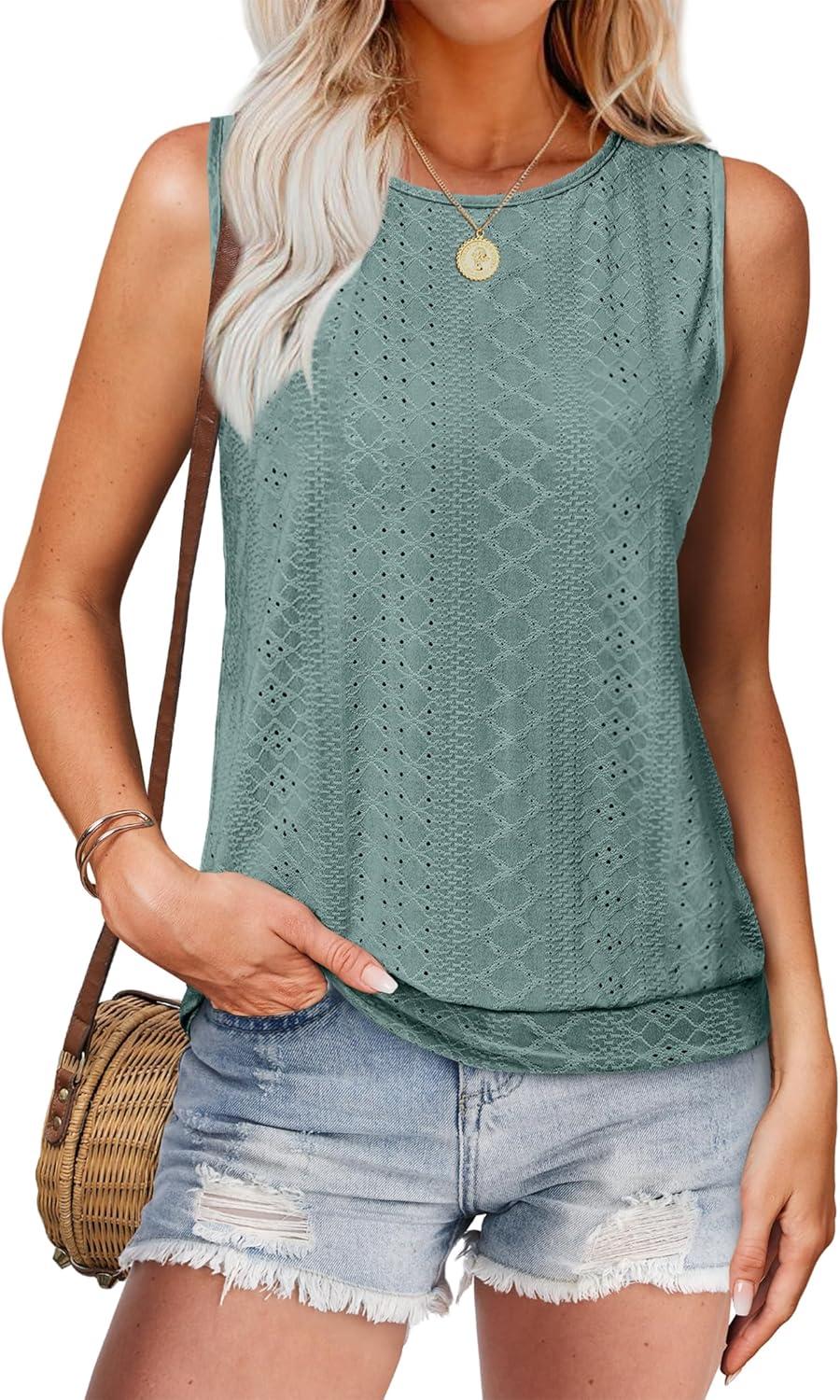 imageSAMPEEL Summer Tank Tops for Women Loose Fit Casual Round Neck Sleeveless Eyelet Tanks Trendy Vocation Outfits 2025Green