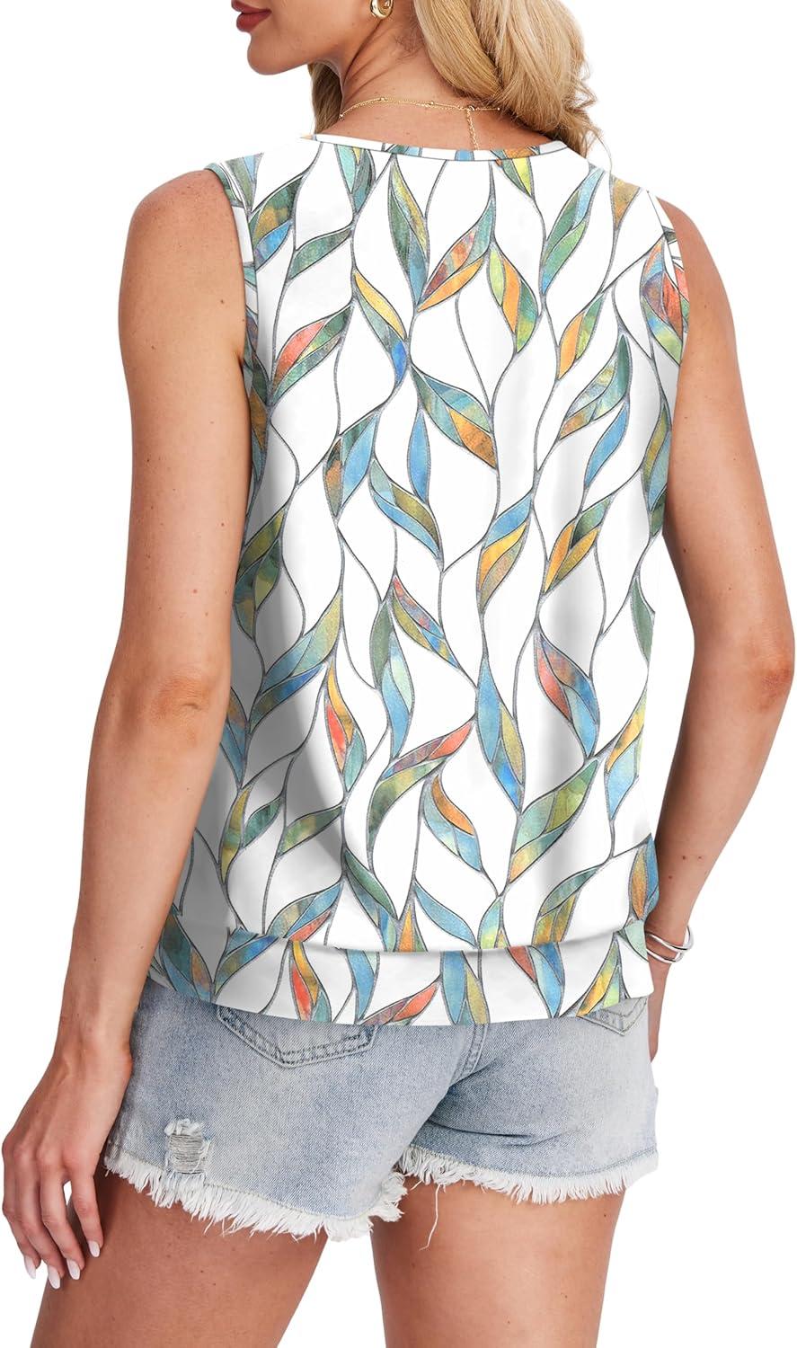 imageSAMPEEL Summer Tank Tops for Women Loose Fit Casual Round Neck Sleeveless Eyelet Tanks Trendy Vocation Outfits 2025Leaf Print