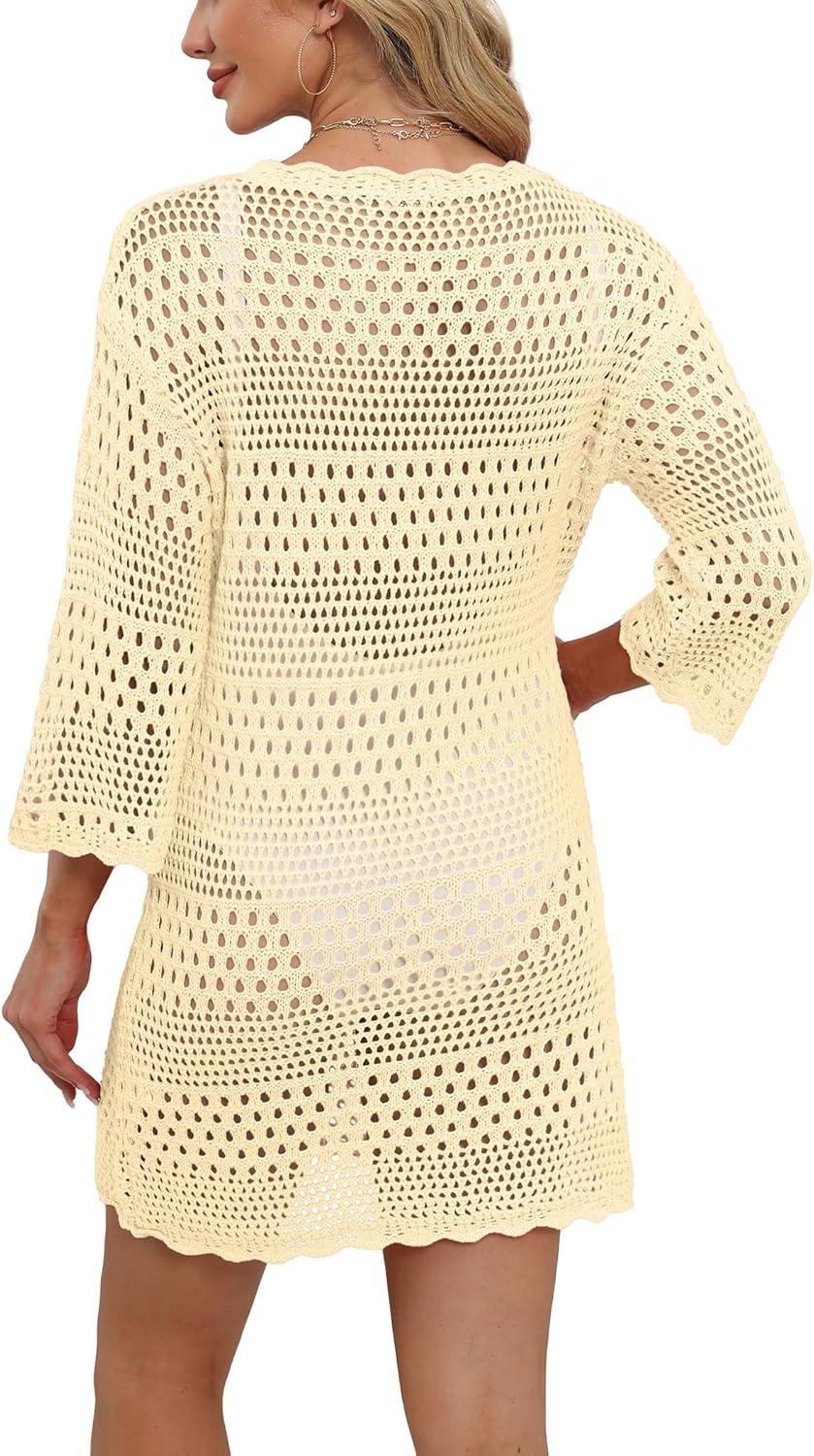 imageSAMPEEL Swimsuit Coverup for Women Beach Vacation Clothes Bathing Suit Cover Up Crochet Dresses Summer Cruise Outfits 2025Beige